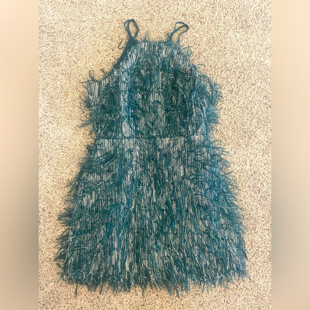 Holiday Party Perfection Lulus Mini Dress with Sparkle and Dark Green Feathers